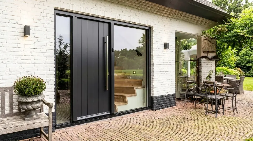 Donkere buitendeur met glas in een lichte gevel